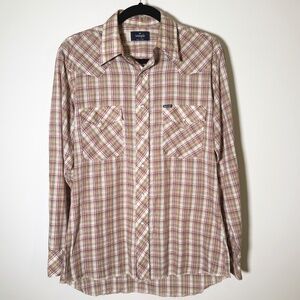 Vintage Wrangler - Western Plaid Snap Shirt - Lightweight Cotton - Medium - Tan